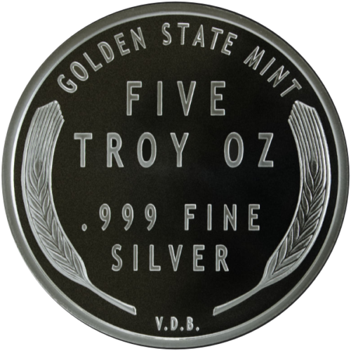 5 OZ SILVER ROUND LINCOLN WHEAT CENT DESIGN GOLDEN STATE MINT - Image 2